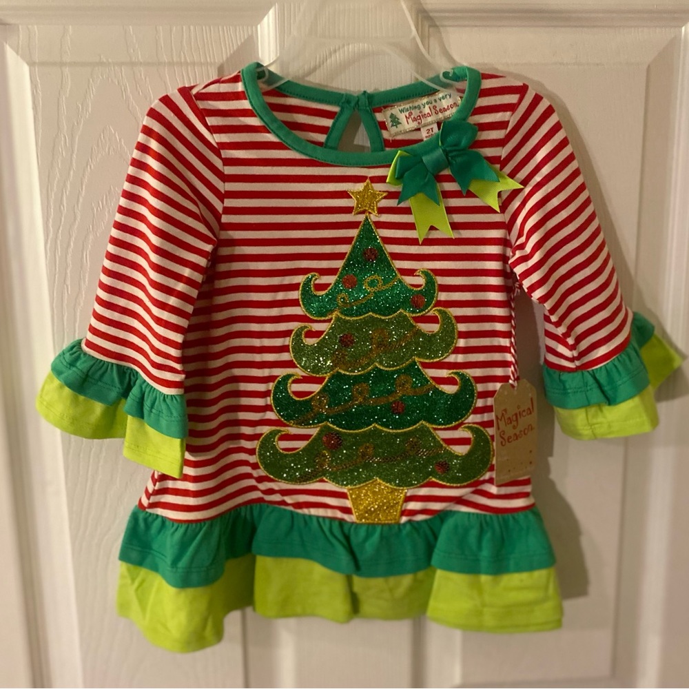 Girls Christmas Dress, Christmas Tree Ruffle Dress, Sequin Christmas Tree & Bows